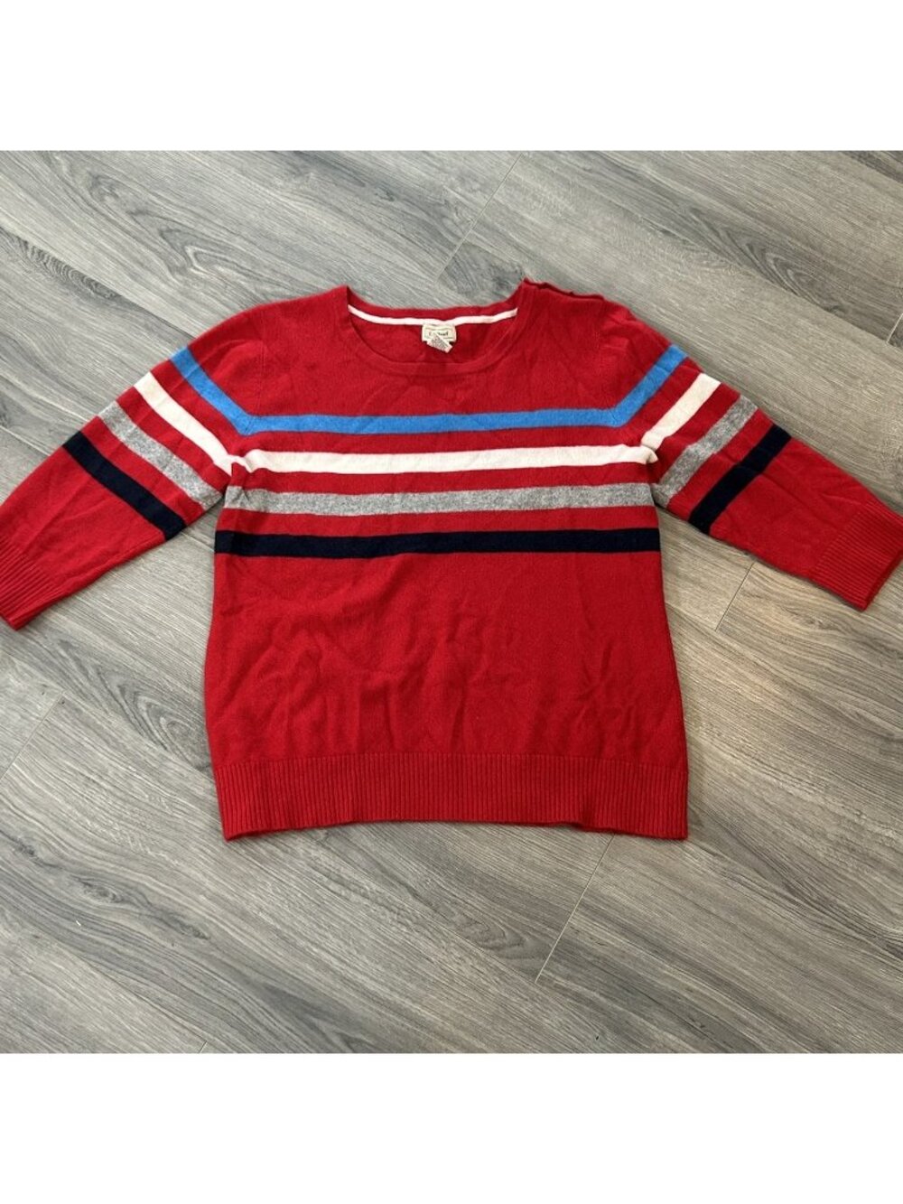 L.L. Bean Sweater Womens XL Red 100% Cashmere Stripe 3/4 Sleeve Crewneck Knit